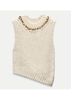 Zara Cream Chunky Knit Sleeveless Top with Gold Chain